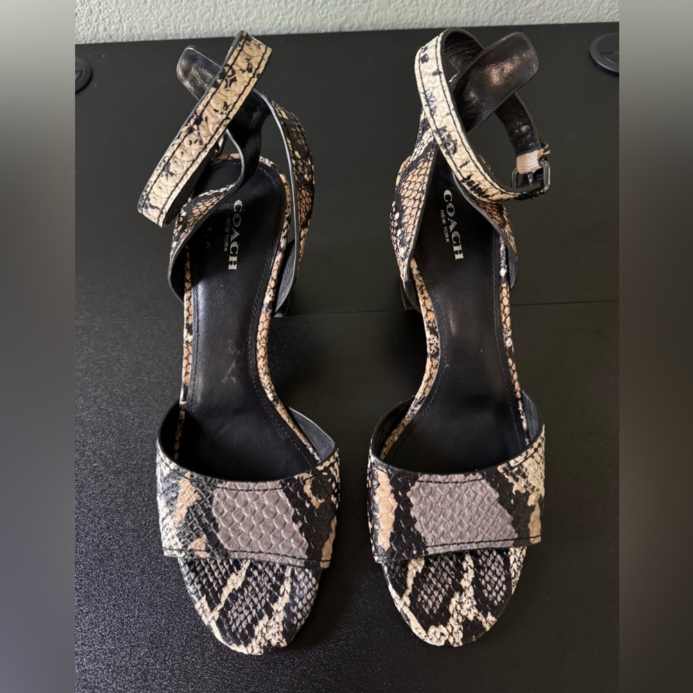 Coach Women's Snakeskin Heeled Sandals - Black and Tan 9